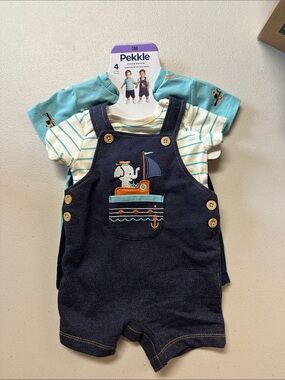 Pekkle Navy & Aqua Baby Boys' Sailboat Shortalls Matching Set